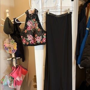 Black Beaded Floral Crop Halter Top & Black Maxi Skirt Set